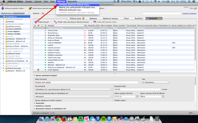 adwords editor vyhledavani duplicitnich klicovych slov