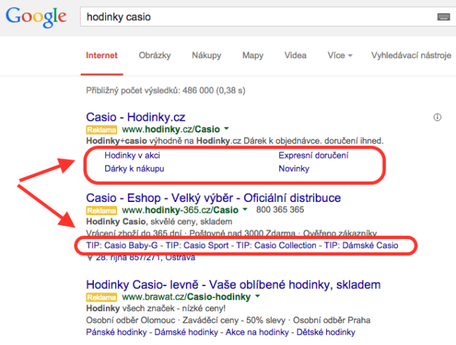 rozsireni o podstranky - sitelinky adwords