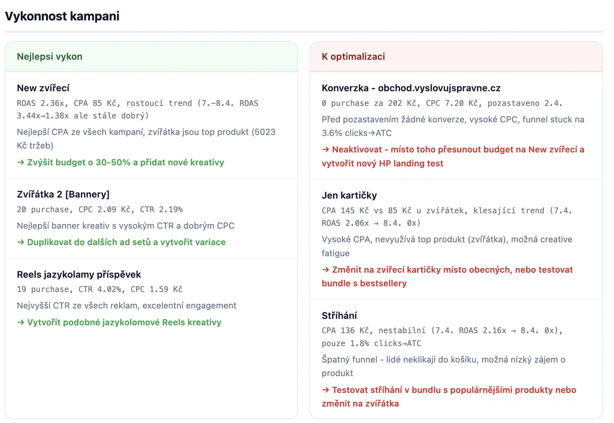 Analýza výkonnosti kampaní s doporučeními